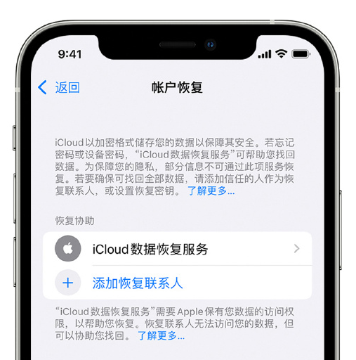 甘肃苹果手机维修分享在 iPhone 上设置帐户恢复联系人的方法 