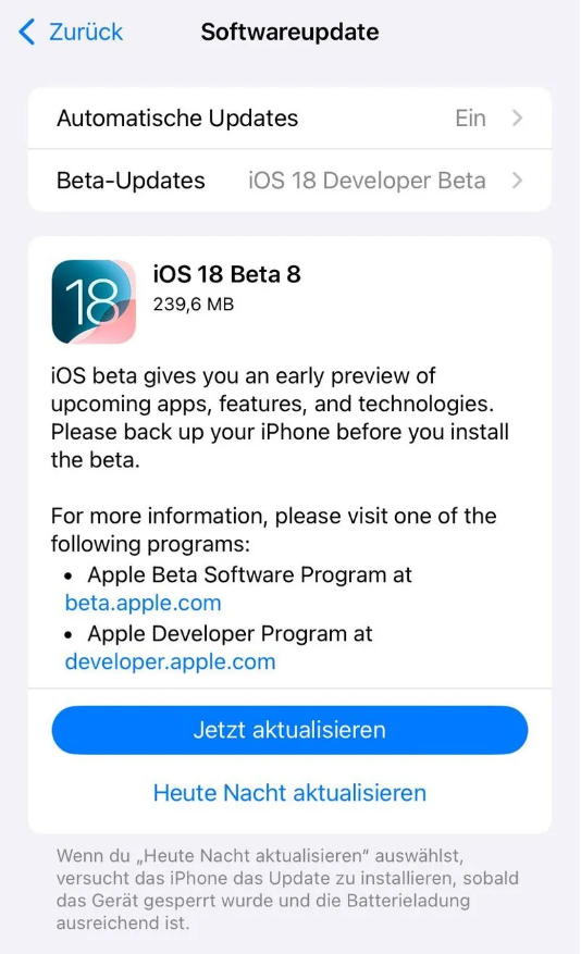 甘肃苹果手机维修分享苹果 iOS / iPadOS 18 开发者预览版 Beta 8 发布 